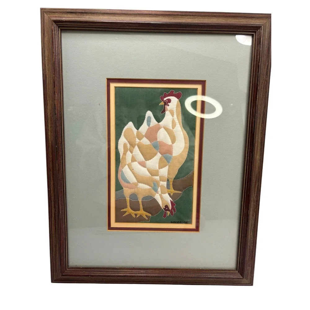 Vintage Woodrome Fabric Applique Rooster Hen Textile Art Framed Farmhouse Decor